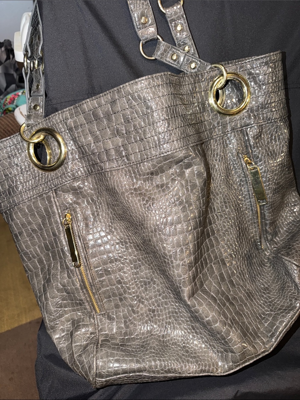 Steve Madden alligator texture, charcoal gray tote